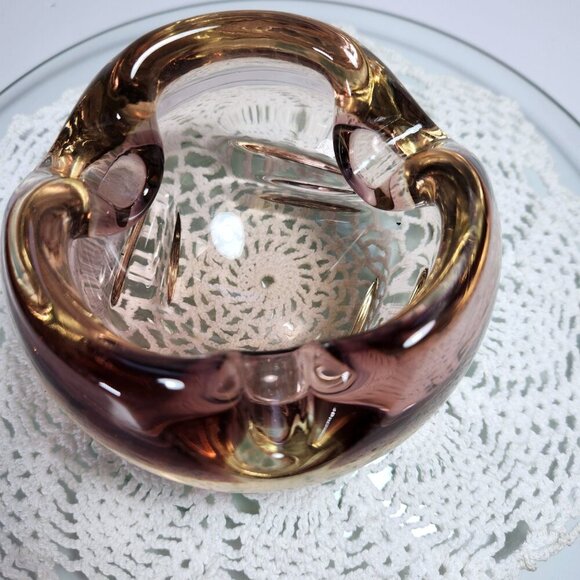 Art Glass Bowl Purple and Amber Rolled Edge Mid Century Home Decor - Picture 2 of 11